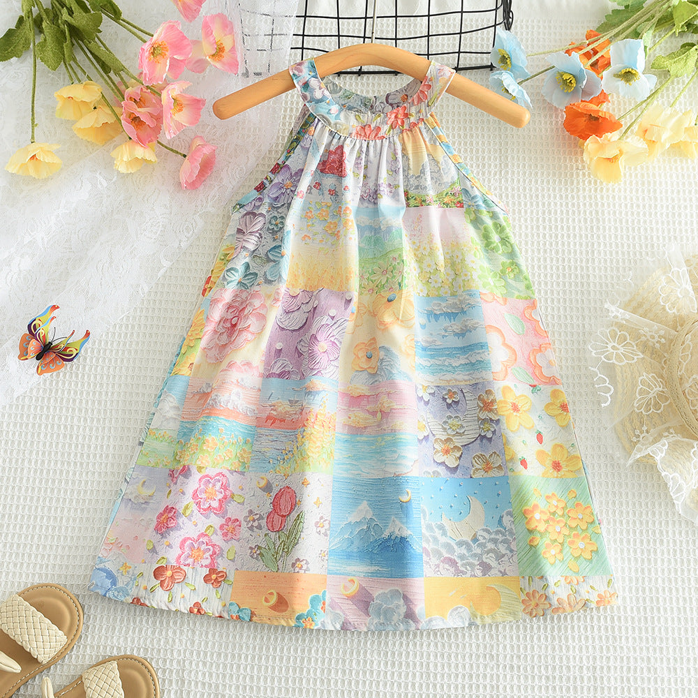 Cross-Border New Halter Neck Dress Summer Girls Flower Oil Painting For 3-4 Years, Imported from China
