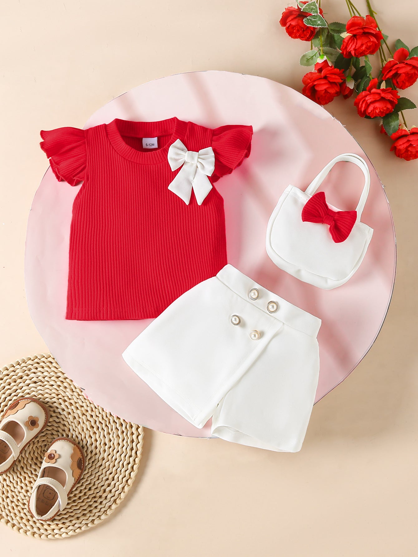 Summer Girls' Suit with Bow, Red Tops, White Pant, For 3-12 Months Imported From China