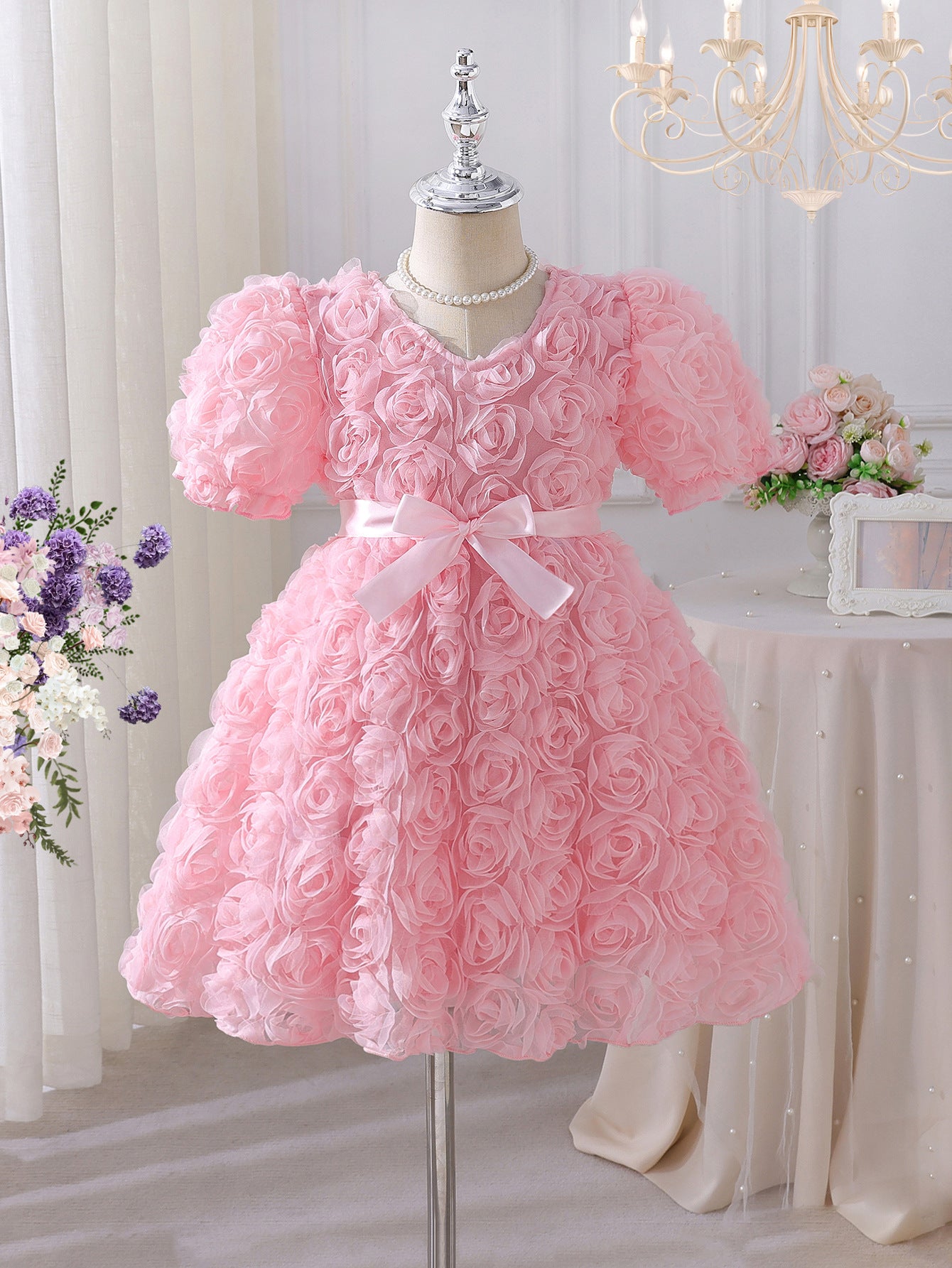 Girls' Pink 3D Rose Puff Sleeve Dress Summer Children's Bow Puff, For 3-4 Years, Imported From China