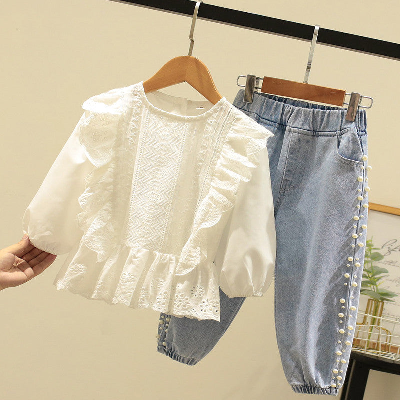 Girls Spring Suit New Style Kidskin's Cut Out Lace Top Fashionable, For 3-7 Years, Imported From China