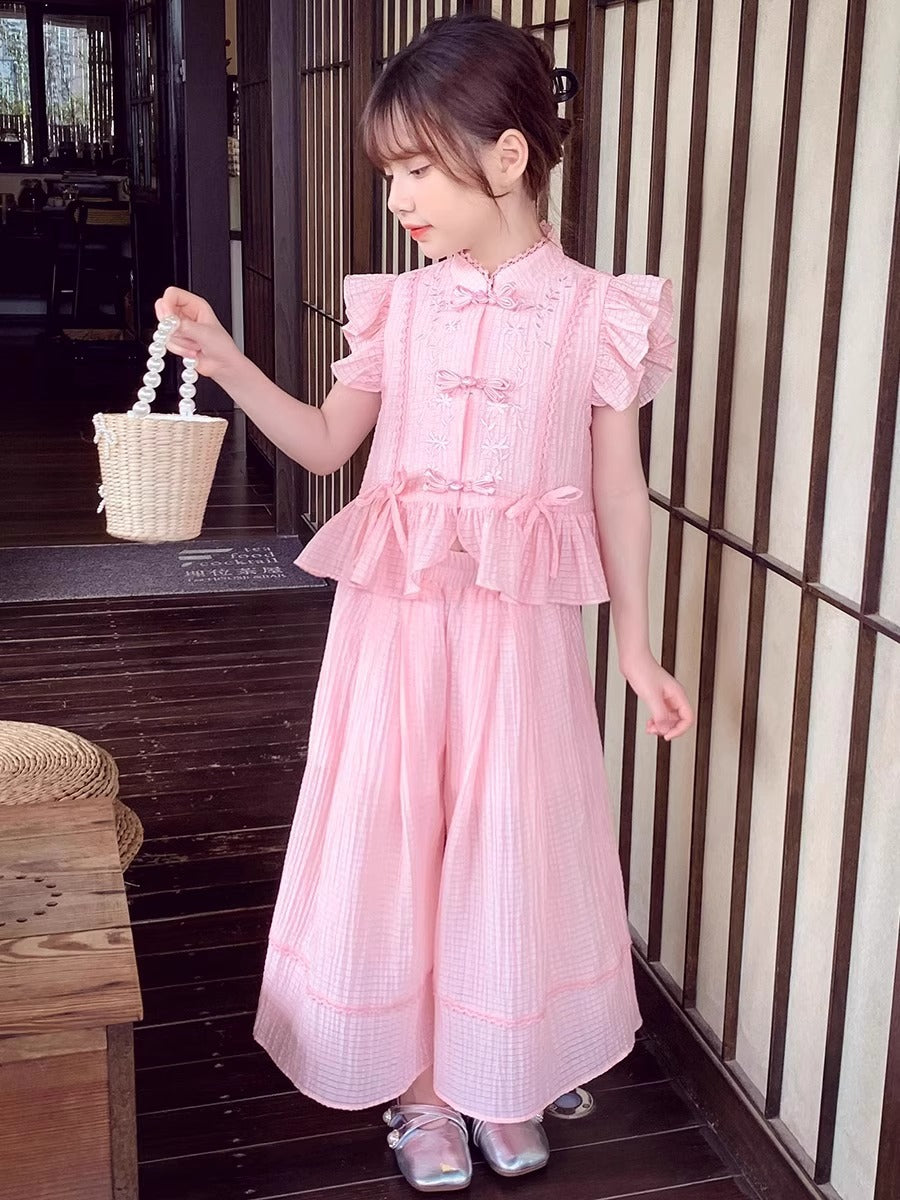 New Chinese Style Wide-Leg Pants Set for Girls For 10 Years, Imported From China
