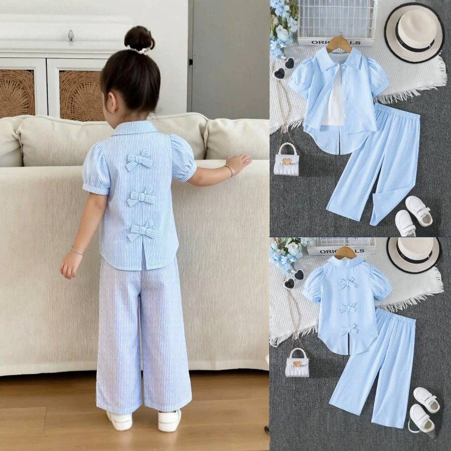 Girls' Clothing Blue and White Striped Two-Piece Shirt Set, For 6-7 Years, Imported From China