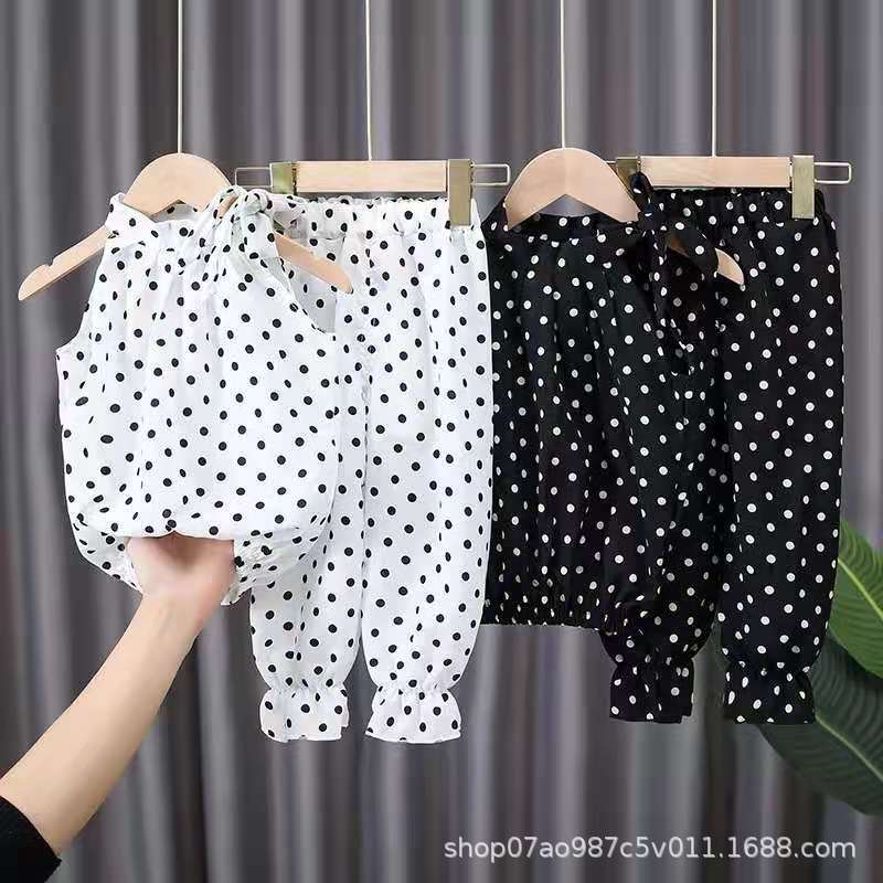 Summer thin chiffon set for girls, fashionable polka dot, For 1-2 Years, Imported From China