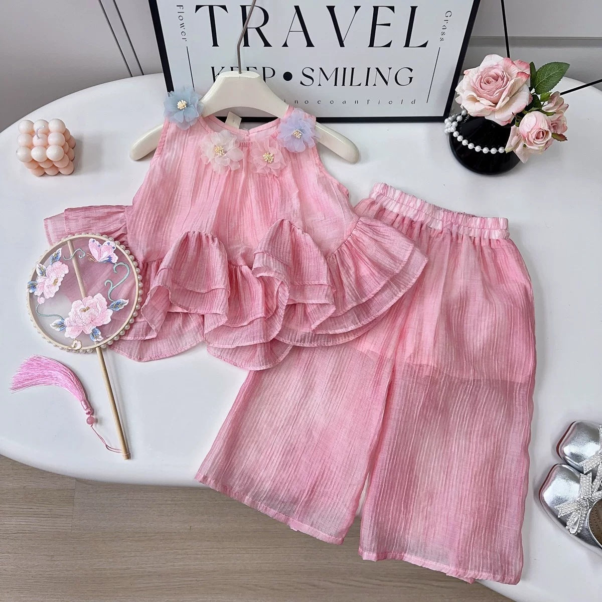 Summer Girls' Korean Style Breathable Lace Vest Set For 12-18 Months Imported From China