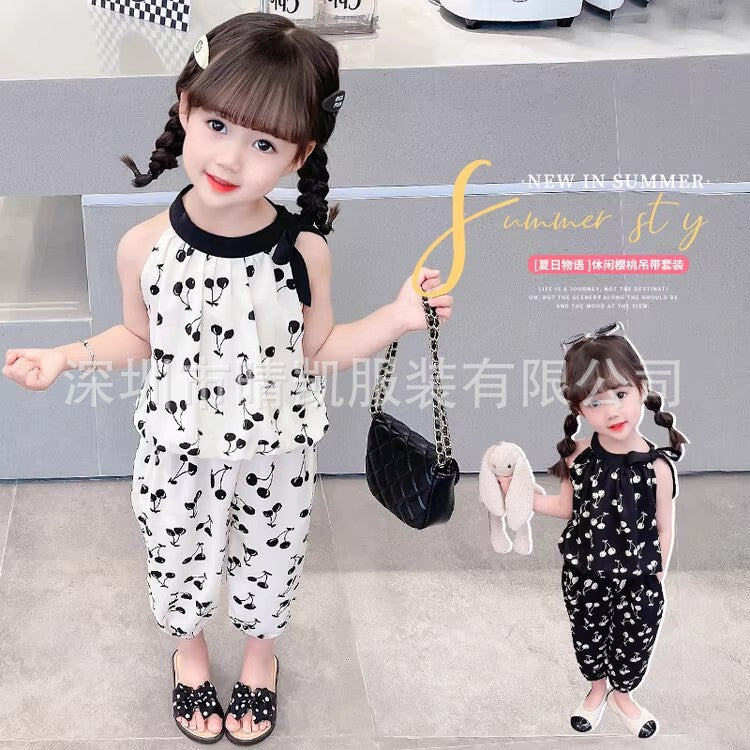 New stylish summer casual girls' suit with cherry blossom halter neck, For 1-2 Years, Imported From China