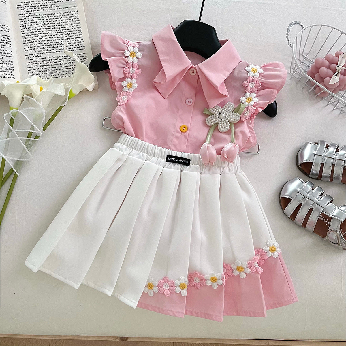 Girls Summer Small Flying Sleeve Shirt Skirt Suit Lace Short-Sleeved, For 1-2 Years, Imported from China