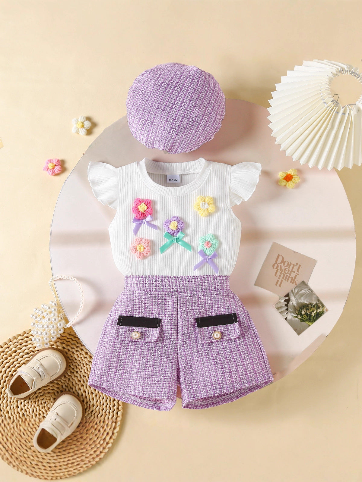 Summer baby girl pants set, solid color ribbed round neck T-shirt, 0-24 Months, Imported From China