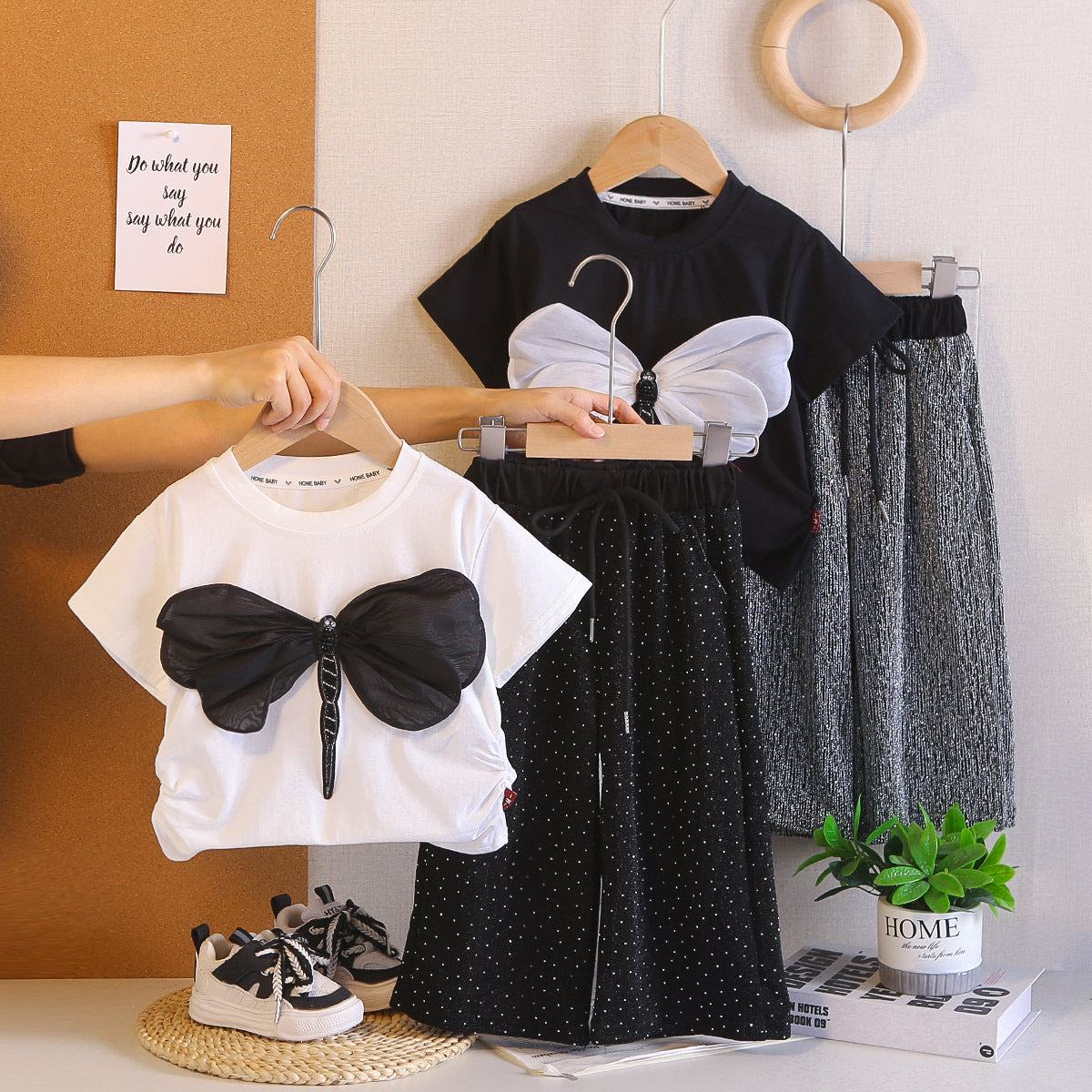 Girls' Summer Outfit-Stylish Children's Summer Set for Girls-White Tops, Black Pant-For 2,3 Years-Imported From China