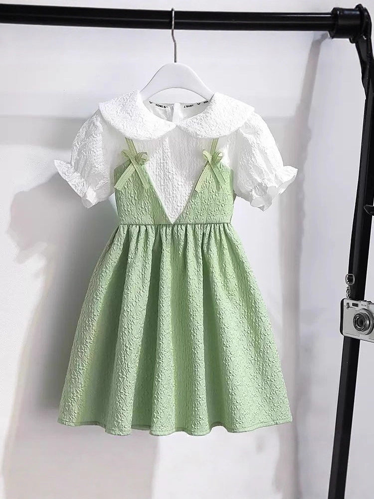 Girls' Summer Dress with Peter Pan Collar Color Block Design, For 2-7 Years, Imported From China