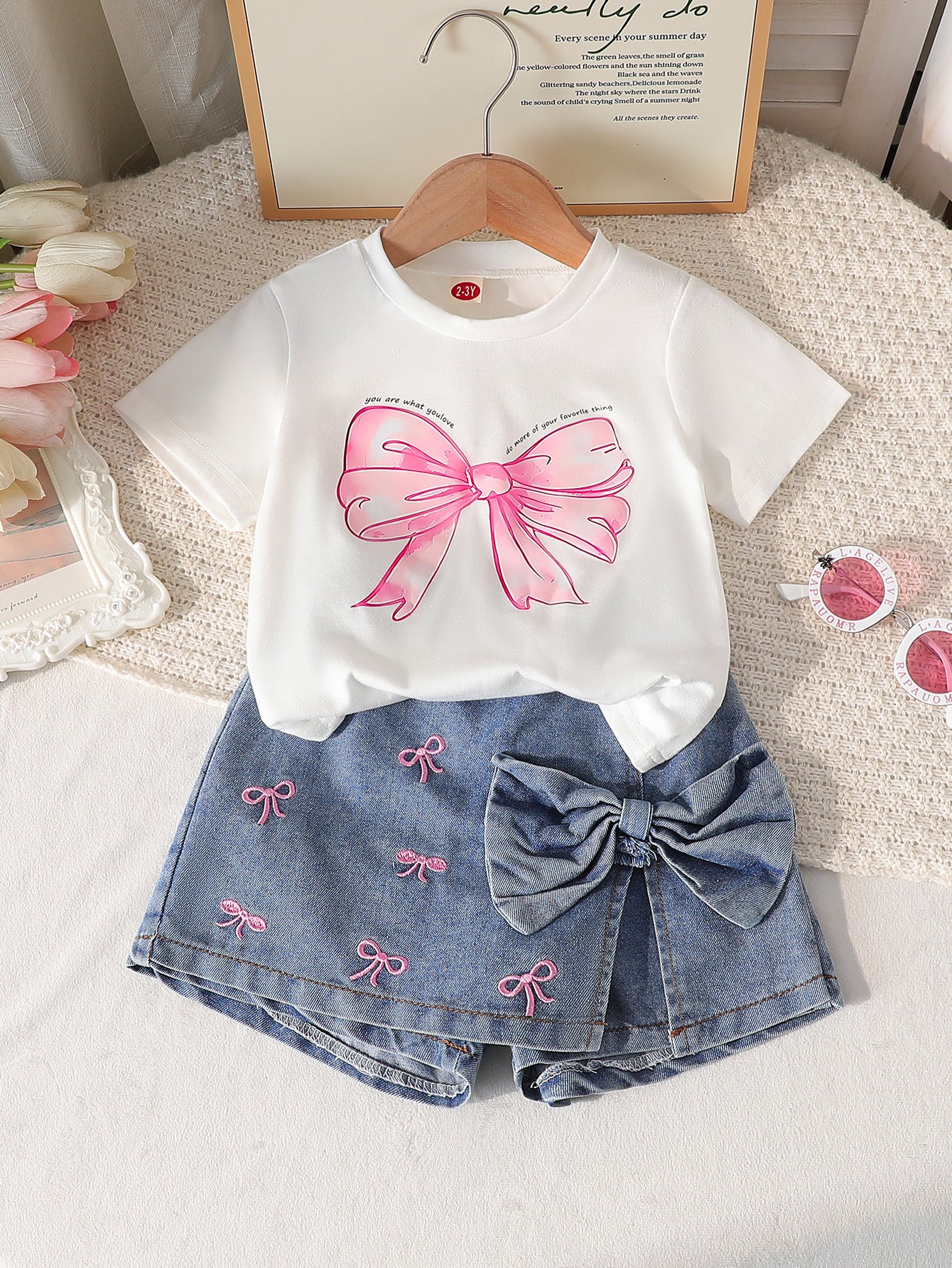 Girls Round Neck Printed Knitted Top Bow Embroidered Jeans Suit Two-Piece Set For 5 Years Imported From China
