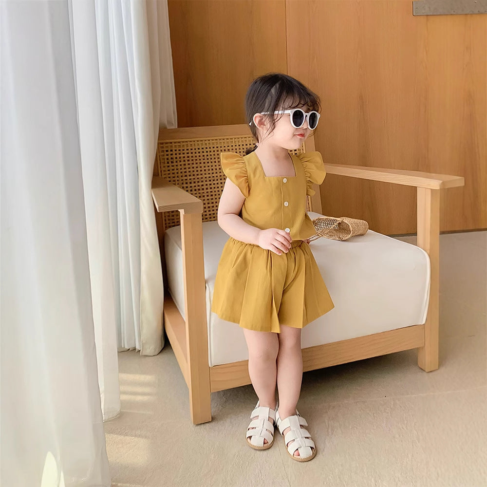 Children's sweet suit girls summer flying sleeve jacket + shorts, For 5-6 Years, Imported From China