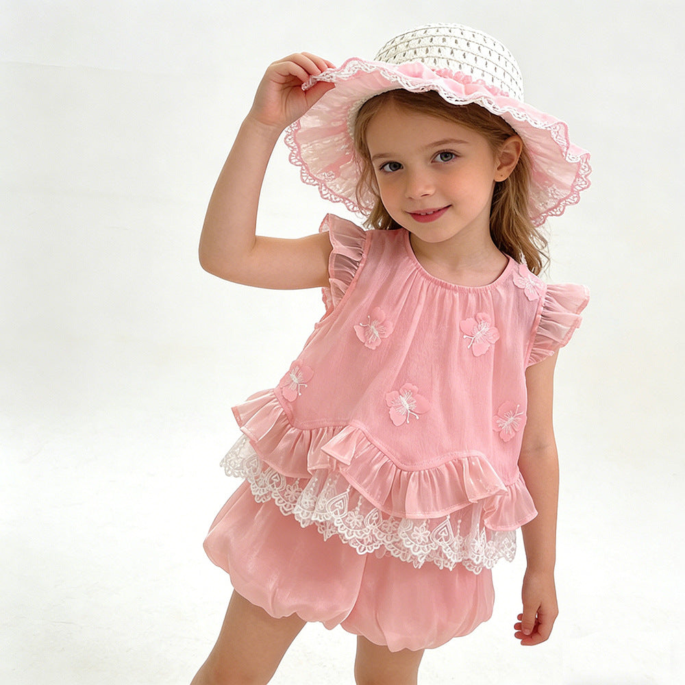 Summer New Sweet Style Girls' Bow-Tie Lace Vest and Shorts Set, For 5-6 Years, Imported From China
