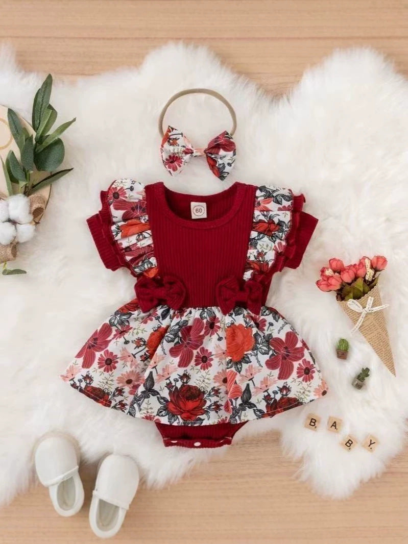 Baby romper dress with floral trim and bow, short-sleeved, 0-18 month, Imported From China