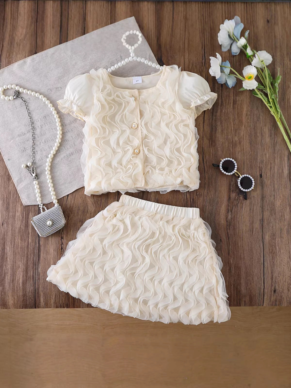 Summer New Sweet Princess Solid Color Short-Sleeve Round Off-white color, For 2-3 Years, Imported from China