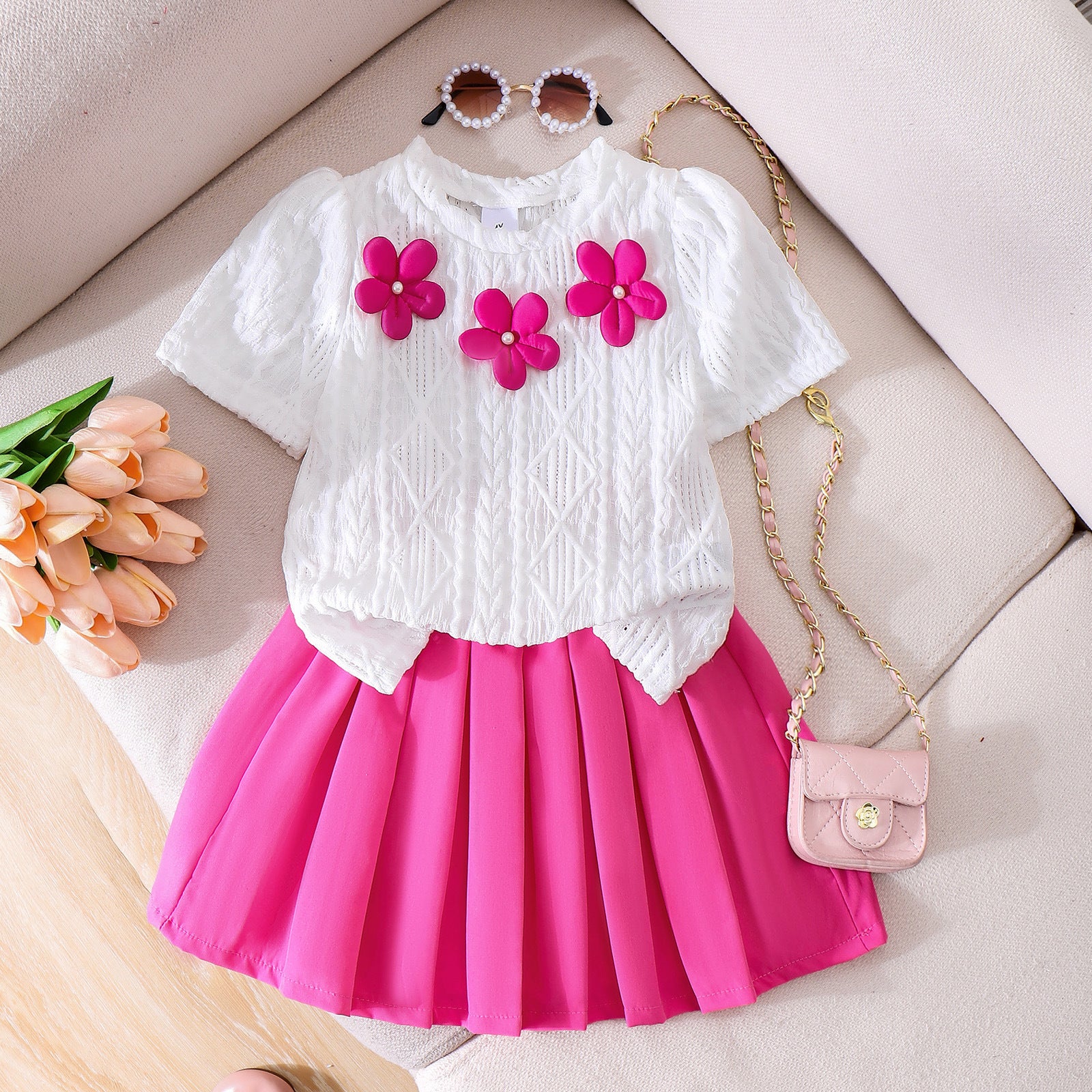 Two-Piece Set of Rose Short Skirts for Girls, Children's Clothing, For 5-6 Years, Imported From China
