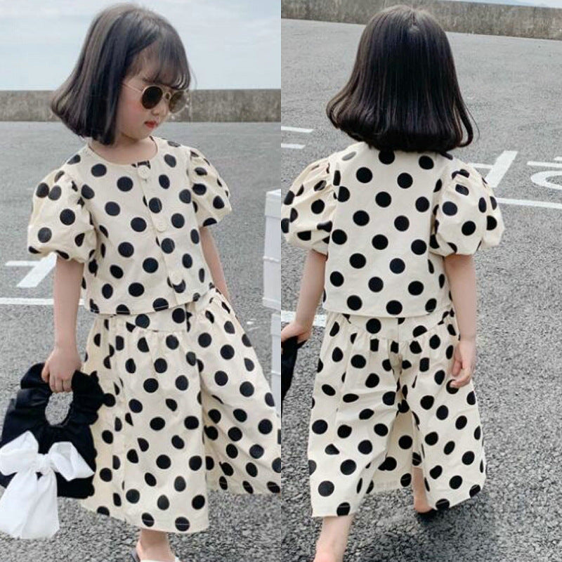 Girls' Outfit Polka Dot Short Top with Loose Wide-Leg Pants Summer, For 12-18 Months, imported From China