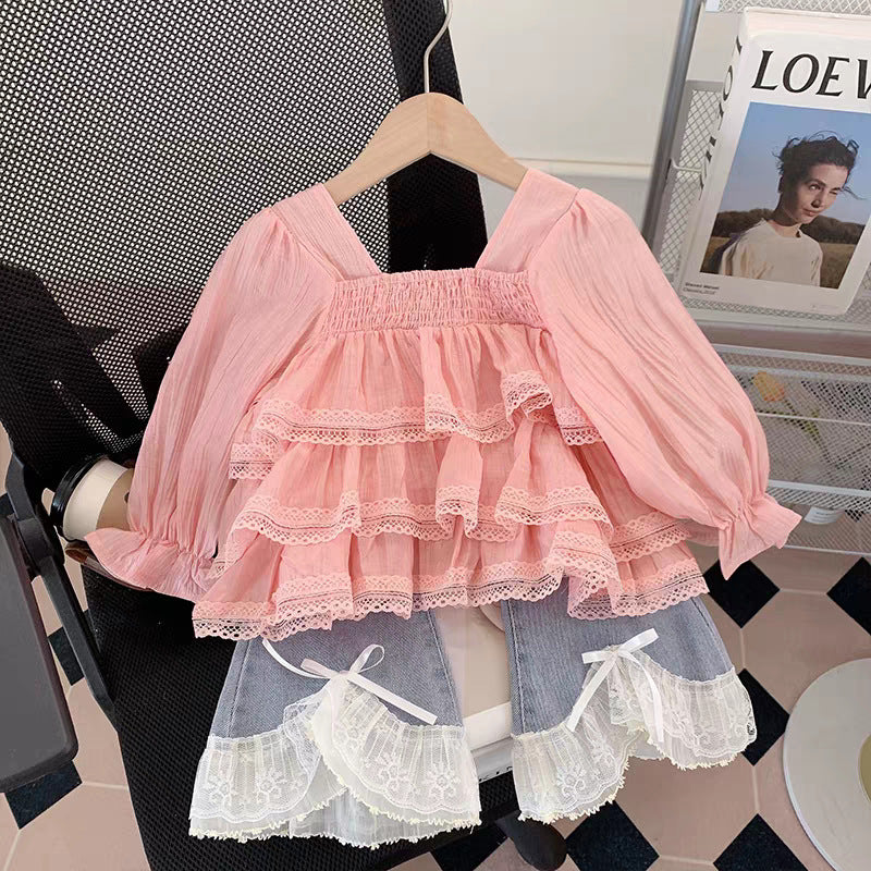Girls' Autumn New Children's Clothing Cute Lace Top and Jeans For 2-7 Years, Imported From China