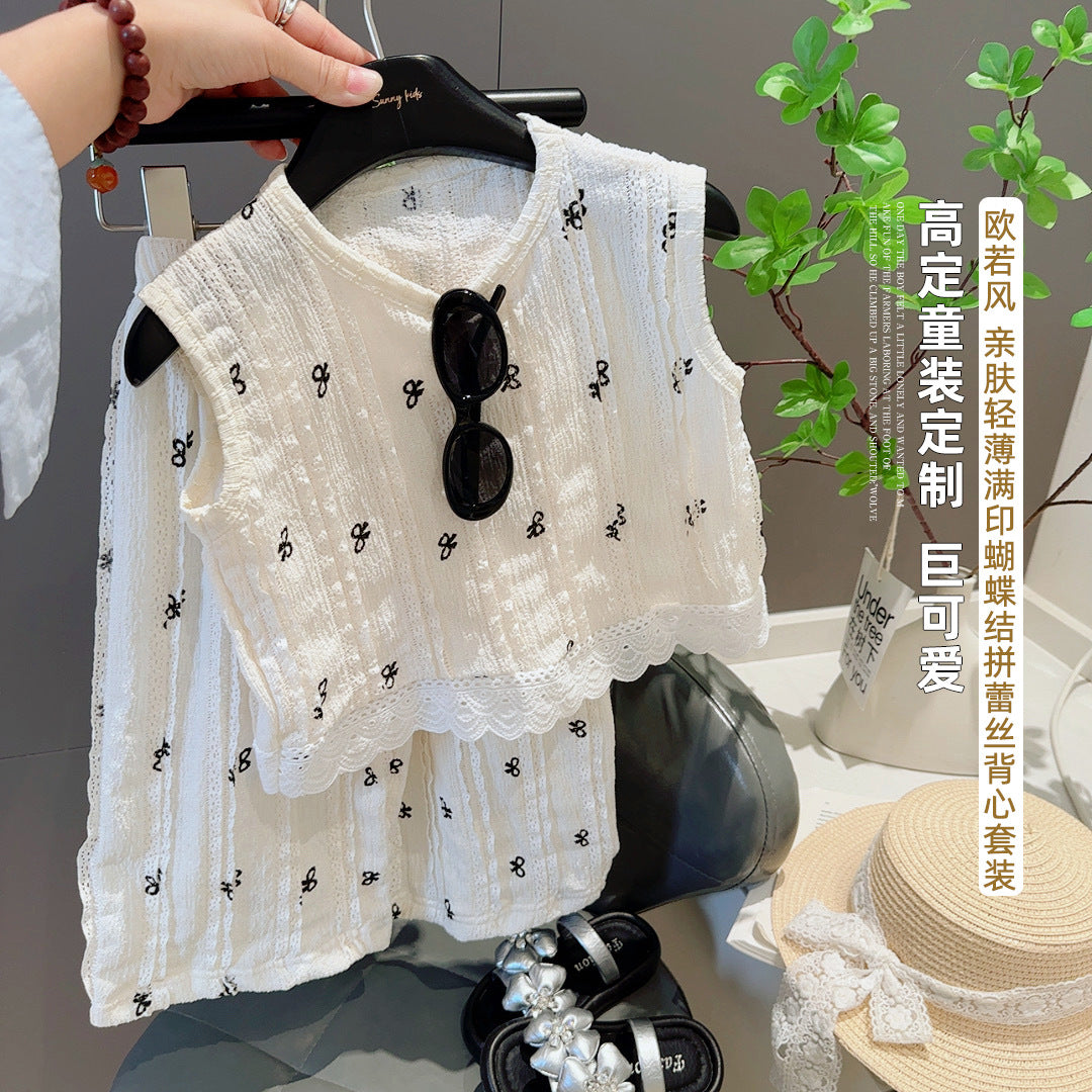 Summer New Children's Hollow Lace Vest Set for Girls, Korean Style For 2-8 Years, Imported From China