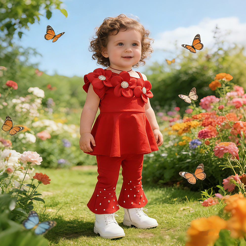 Cross-Border Casual Summer Outfit for Baby Girls: Single-Shoulder Top with Floral Appliqué, Sleeveless Dress, Beaded Flared Long Pants, Sweet Set 6-24 Month, 2-5 Year , Imported From China