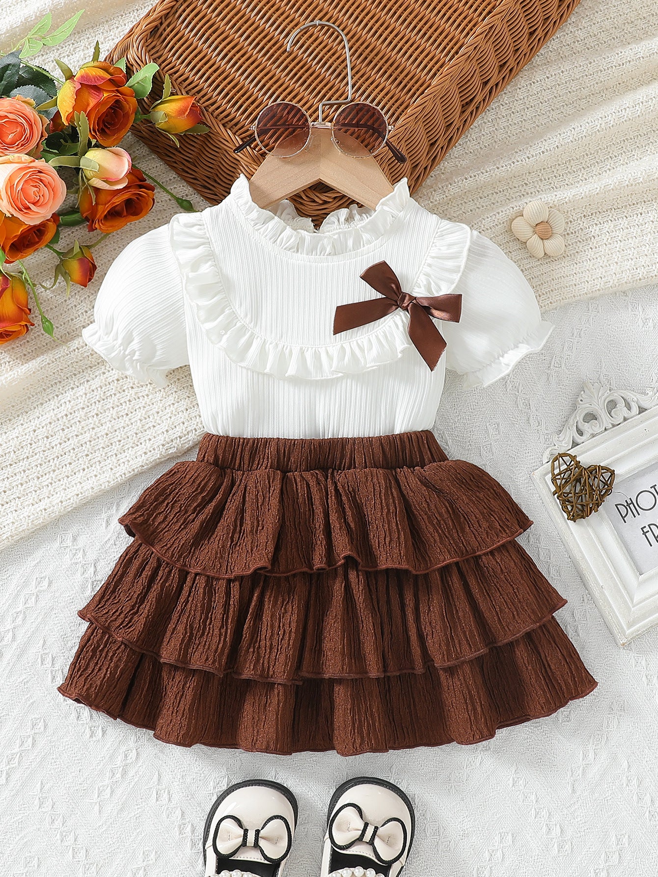Summer Sweet Style Bow Decoration Toddler Ruffled Neckline, For 6-24 Months, 2-3 years, Imported From China