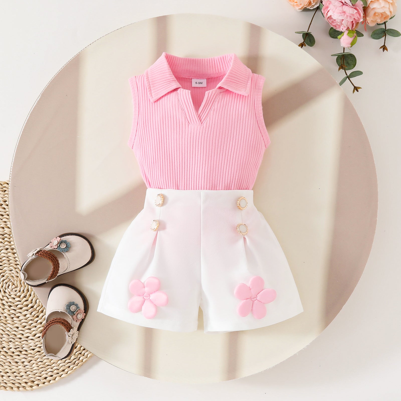 Sweet toddler girl sleeveless lapel open chest pit top applique for 6-36 months,pink tops white pant  imported from china