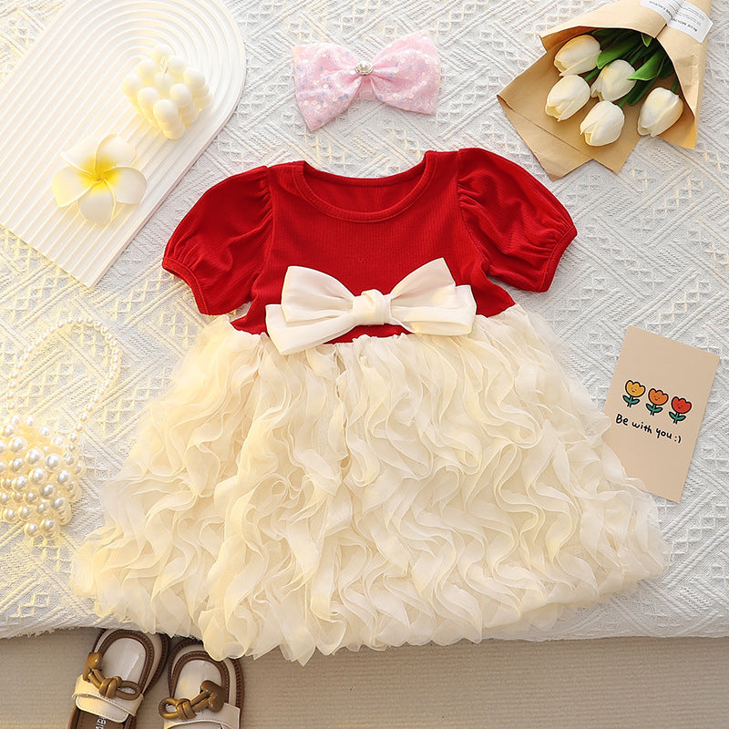 Girls' dress summer new style, three-dimensional bow, puff, 12-18 Months, Imported From China