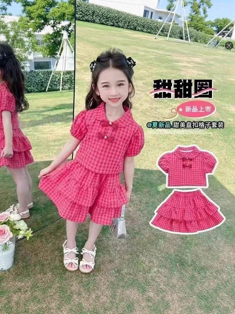 Girls' Fashionable and Sweet Plaid Skirt Suit Summer Ruffled, For 1-2 Years, Imported From China