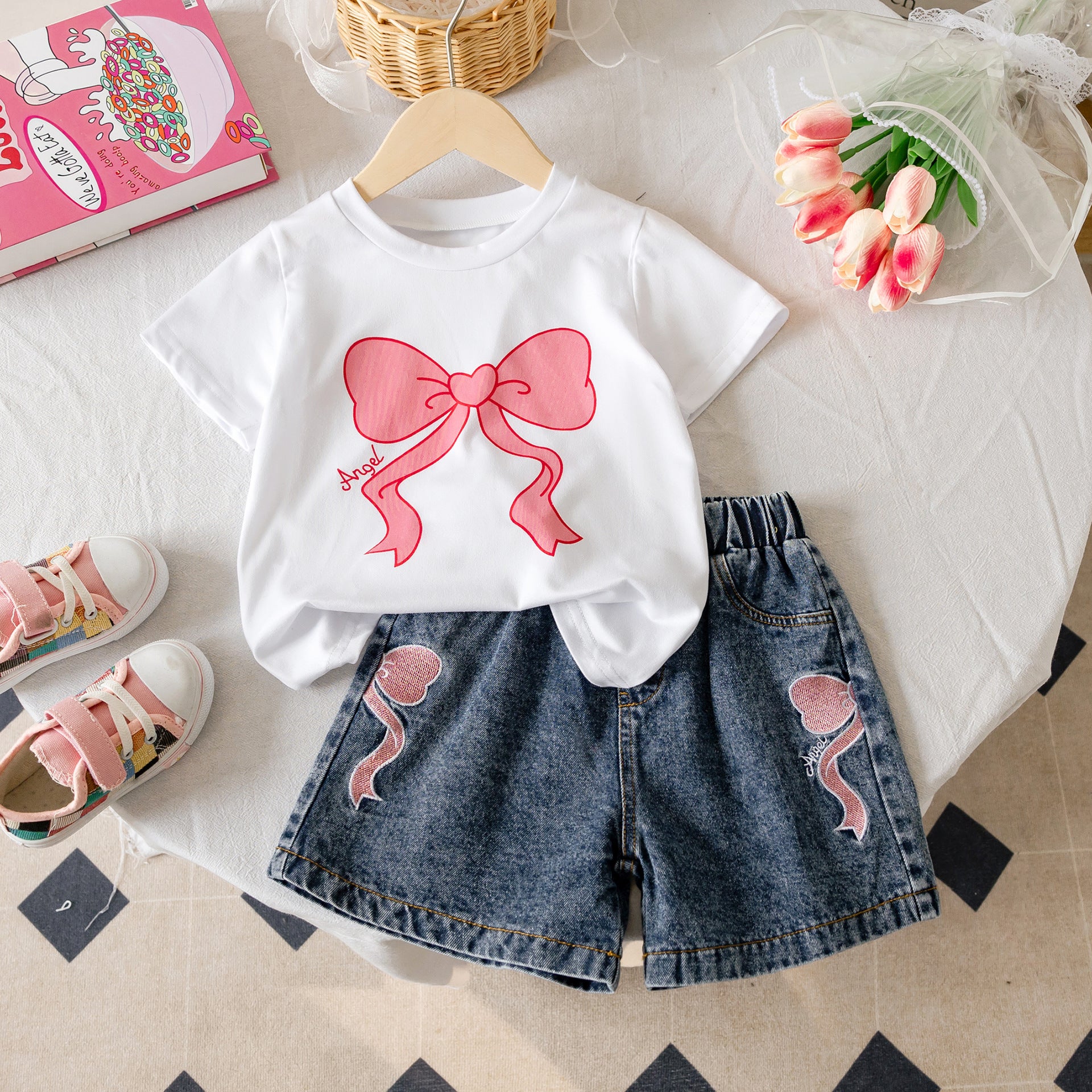Girls Casual Summer Cute Bow Print Short Sleeve T-Shirt + Denim, For 5-7 Years, Imported From China