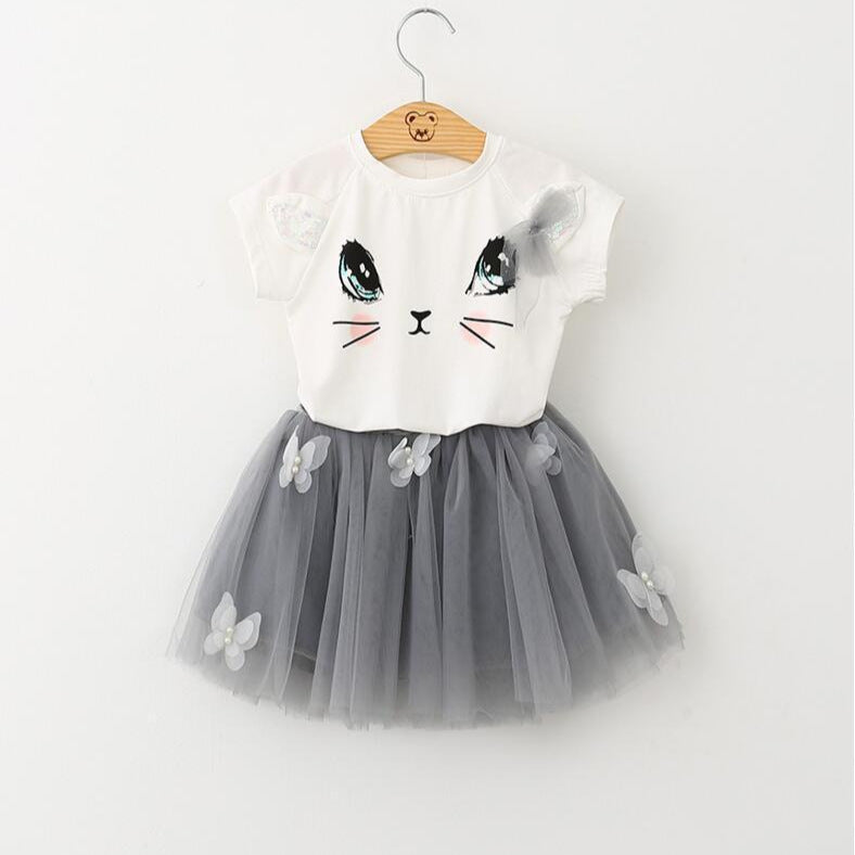 Summer Children's Clothing Dropshipping Girls Cute Cat T-Shirt+Skirt, For 1-4 Years, Imported From China