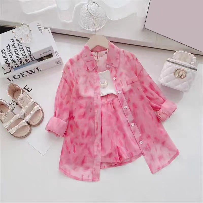 Two-Piece Set Summer Girls Breathable Ice Silk Thin Long-Sleeved Shirt Jacket Trendy For 2-7 Years, Imported From China