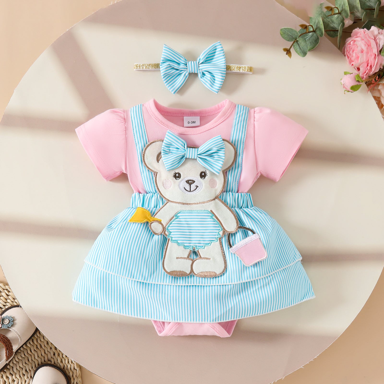 Cute Baby Girl Bear Zhangzai Faux Overalls Triangle Romper, For 0-18 Months Imported From China