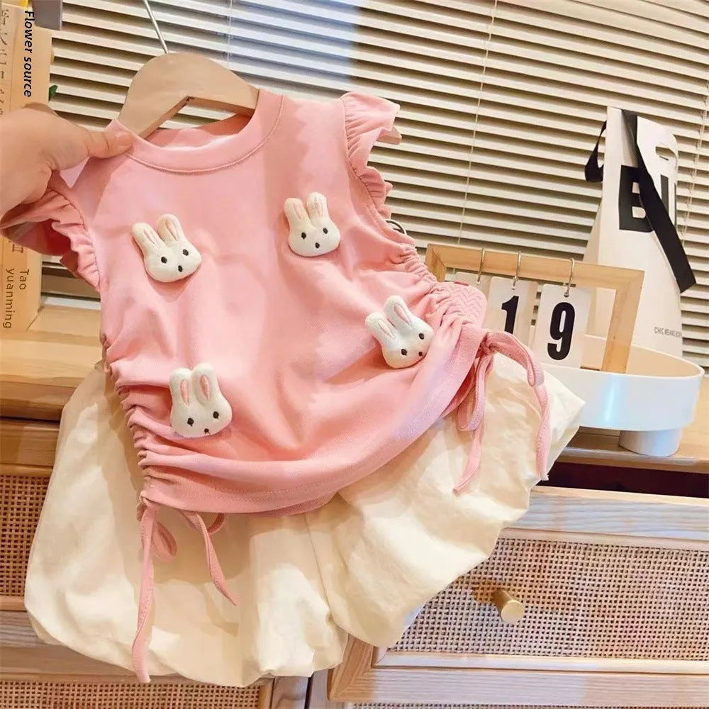 New summer set for girls, cute 3D bunny drawstring top and shorts, For 5-7 Years, Imported From China