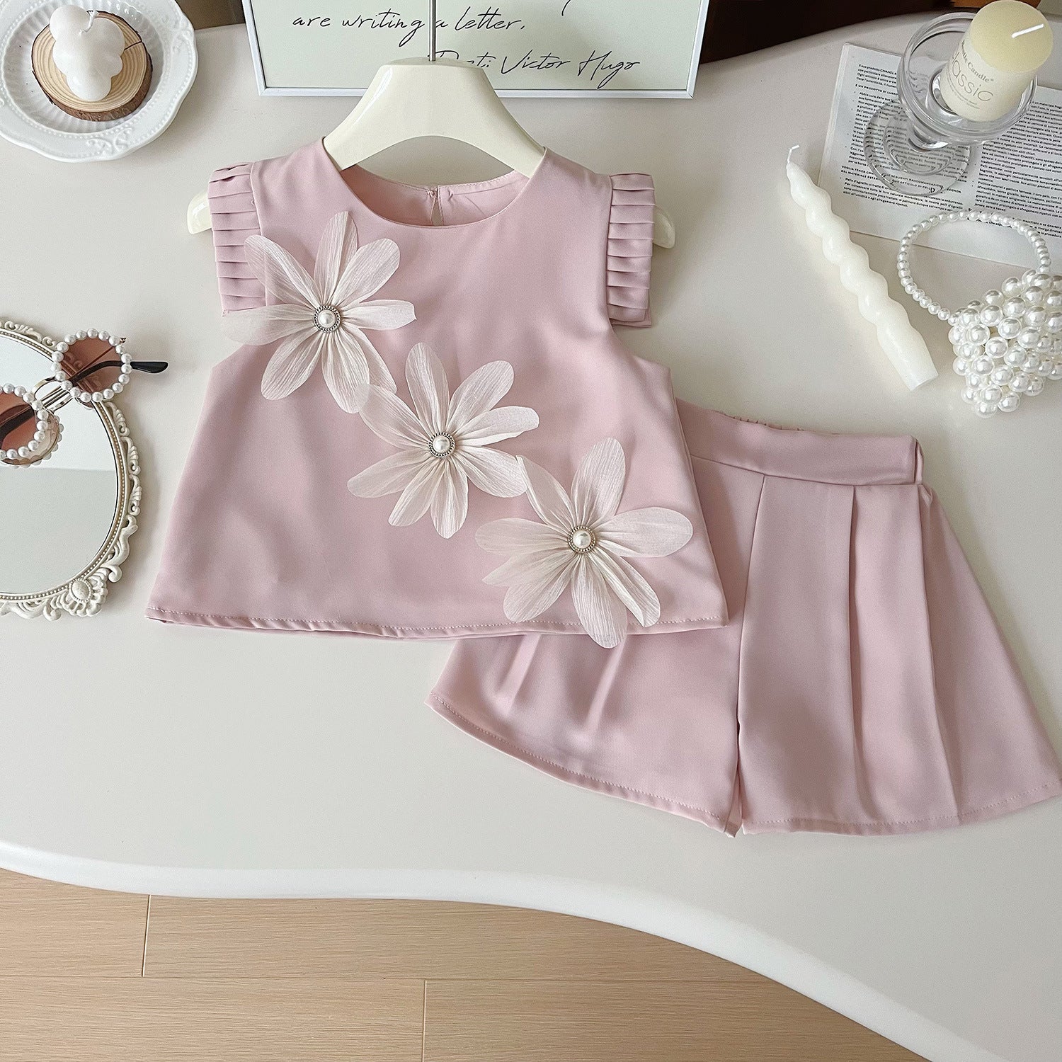 Summer New Korean Style Girls' Floral Short-Sleeved Pants Set, 4-6 Years, Imported From China