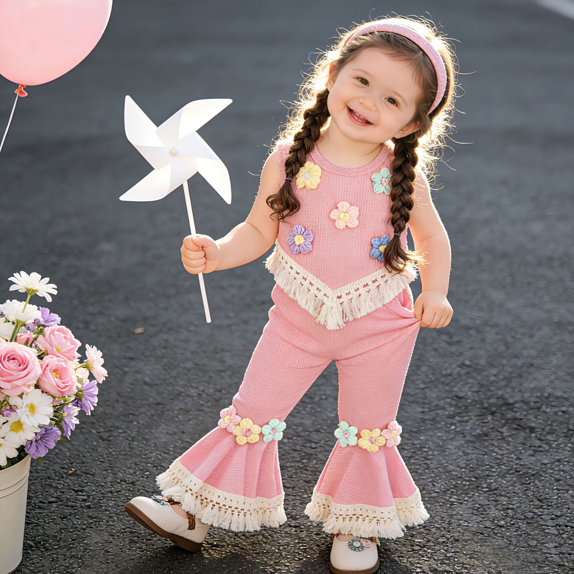 Girls' Summer Knit Waffle Crochet 3D Yarn Flower Vest with Tassels For 9-12 Months, Imported From China