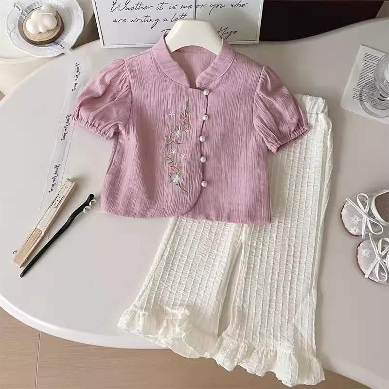 Summer New Chinese Style Girls' Two-Piece Set: For 3-8 years, Embroidered, Imported From China