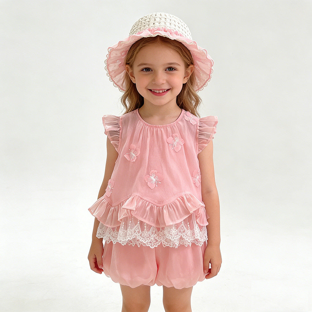 Summer New Sweet Style Girls' Bow-Tie Lace Vest and Shorts Set, For 5-6 Years, Imported From China