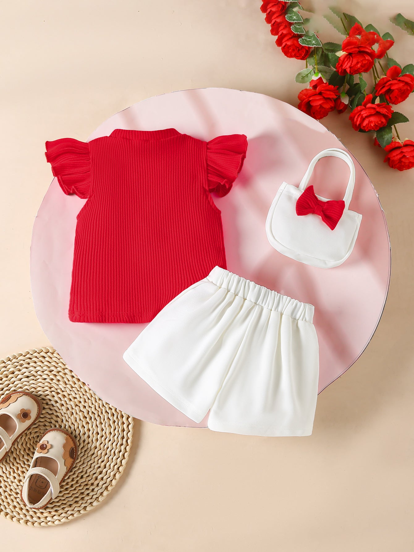 Summer Girls' Suit with Bow, Red Tops, White Pant, For 3-12 Months Imported From China