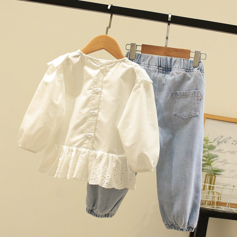 Girls Spring Suit New Style Kidskin's Cut Out Lace Top Fashionable, For 3-7 Years, Imported From China