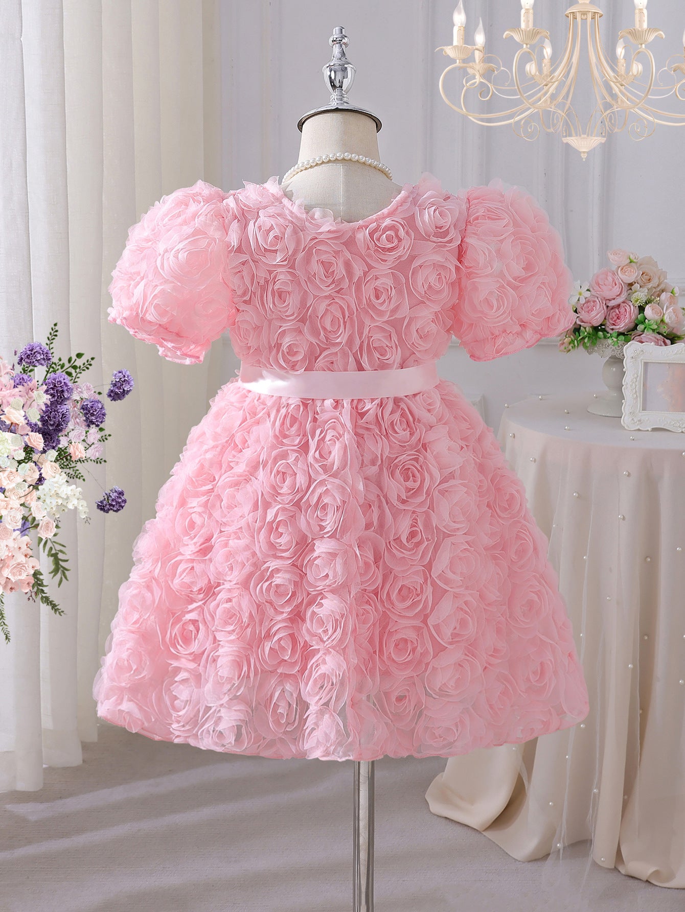 Girls' Pink 3D Rose Puff Sleeve Dress Summer Children's Bow Puff, For 3-4 Years, Imported From China