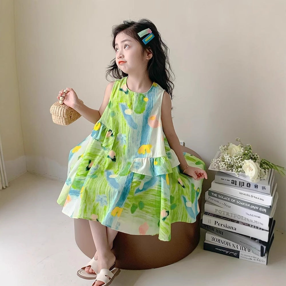 Children's colorful oil painting sleeveless vest dress, printed, For 3-4 Years, Imported From China