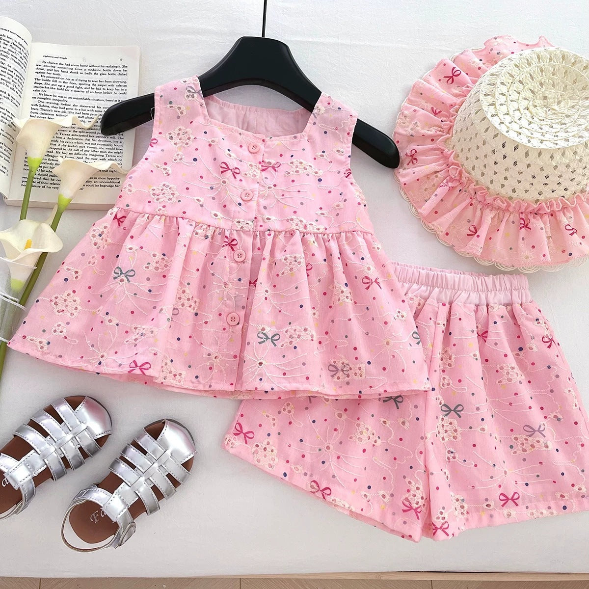 Summer New Girls' Outfit, Cute Bow Embroidered, For 1-6 Years, Imported from China