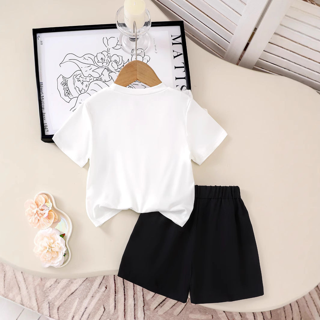 Summer T-Shirt with Floral Design, Solid Color Pearl Buttons, For 5 Years, Imported From China
