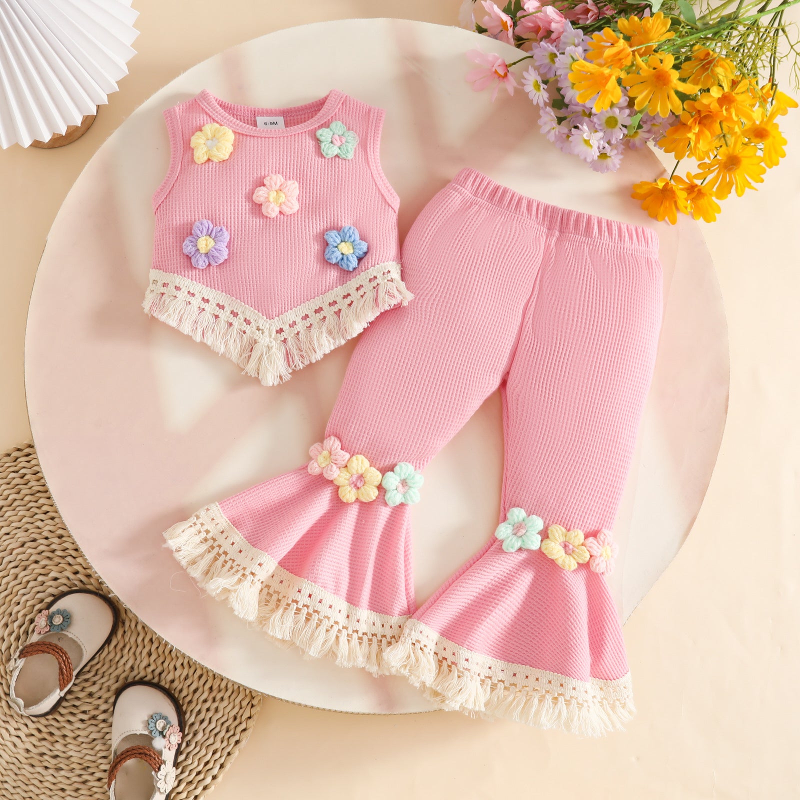 Girls' Summer Knit Waffle Crochet 3D Yarn Flower Vest with Tassels For 9-12 Months, Imported From China