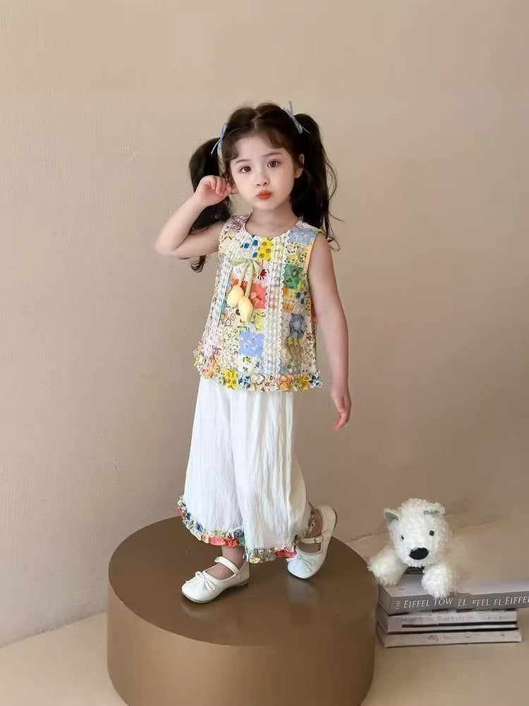 Girl's Set - Monet Garden Summer New Style Vest Wide-Leg Pants Two Piece Set For 1 Years, Imported From China