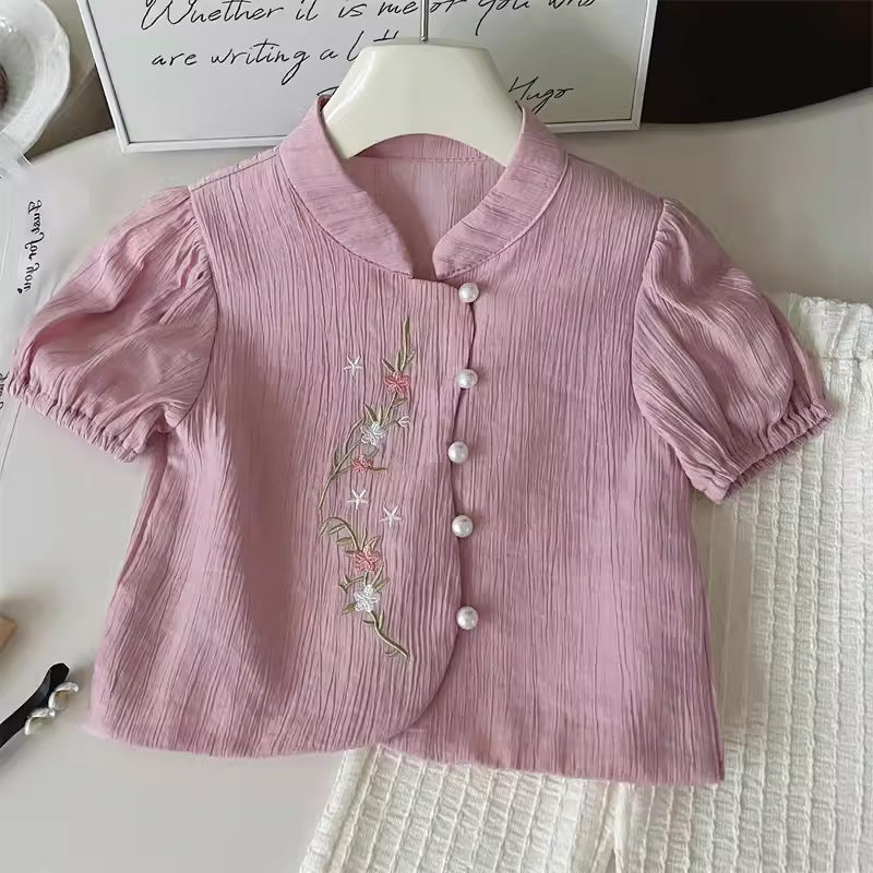 Summer New Chinese Style Girls' Two-Piece Set: For 3-8 years, Embroidered, Imported From China