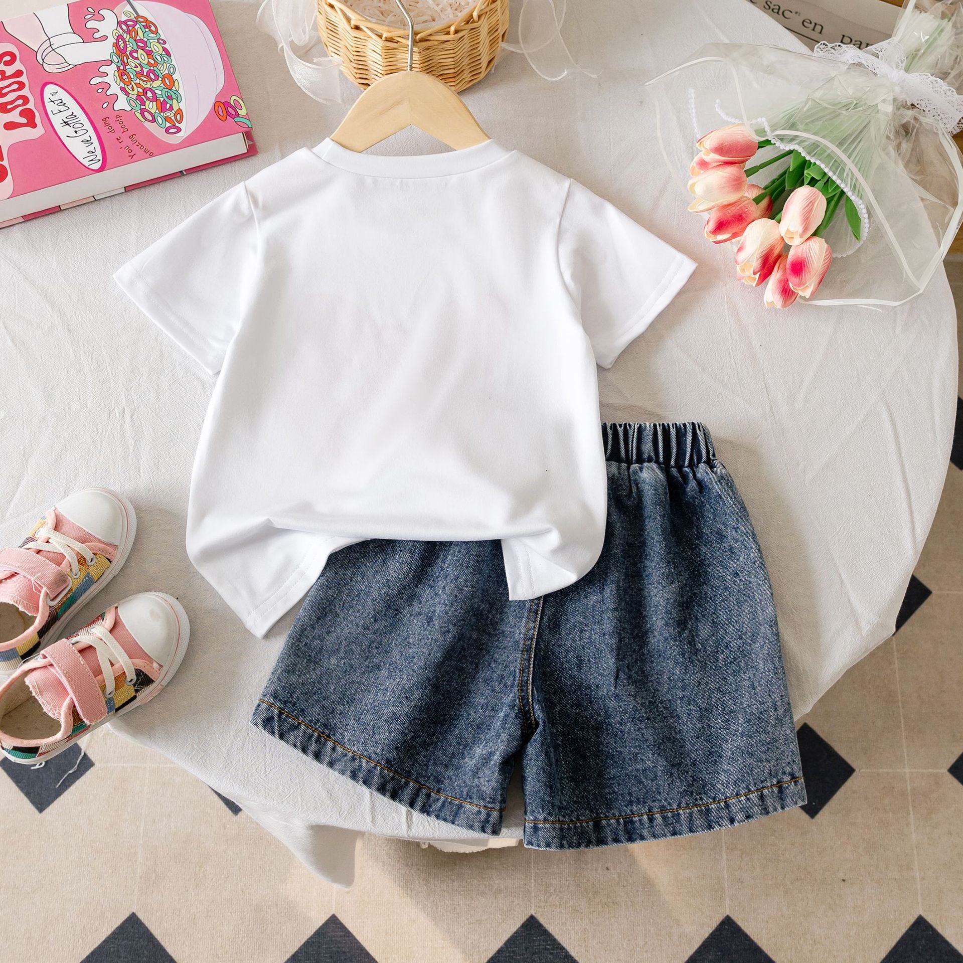 Girls Casual Summer Cute Bow Print Short Sleeve T-Shirt + Denim, For 5-7 Years, Imported From China