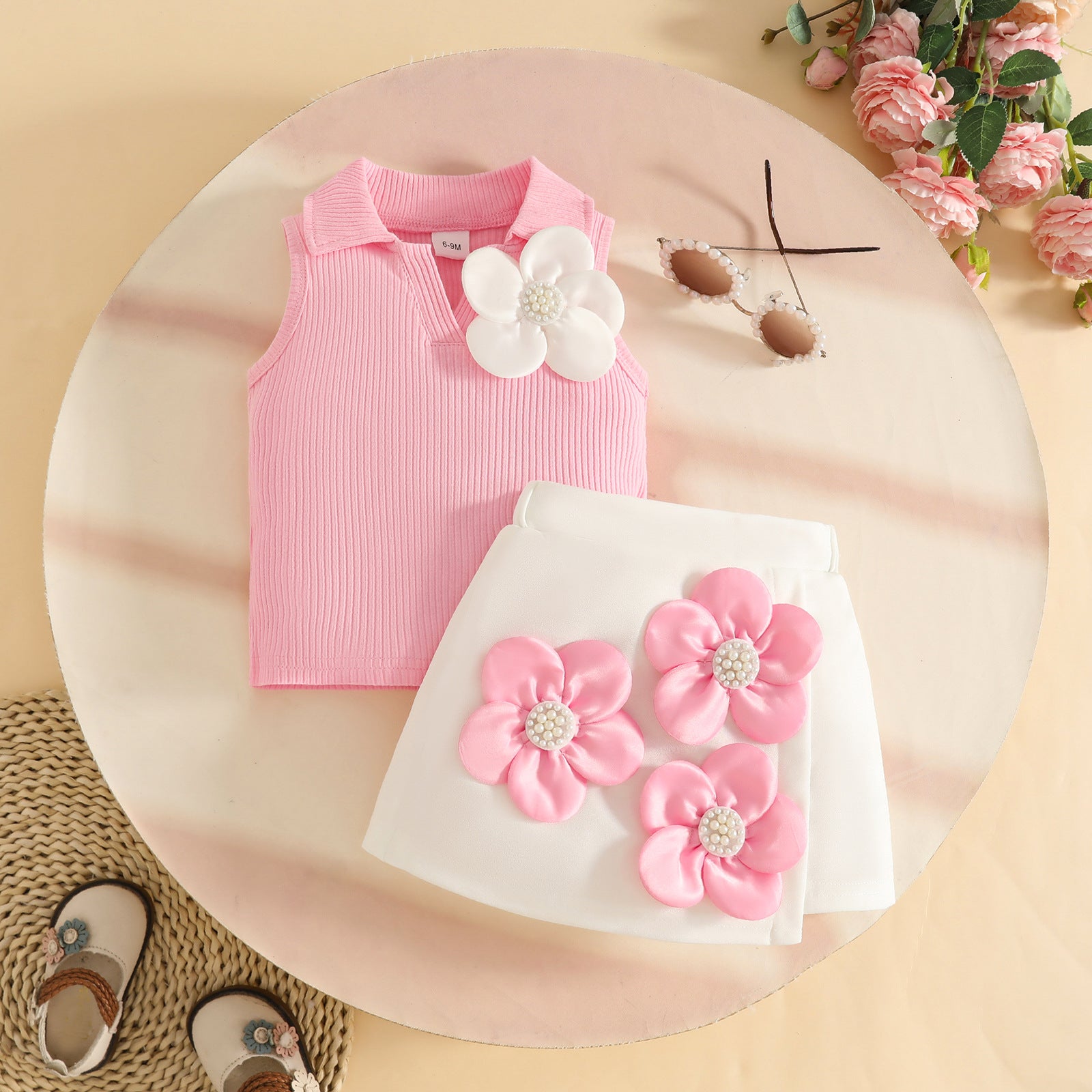 Summer 0-3Y Girls Sleeveless Lapel Pit Strip Top Applique Skirt Set For 3-12 Months, Imported From China