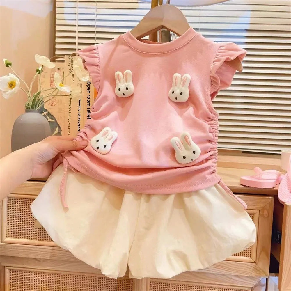 New summer set for girls, cute 3D bunny drawstring top and shorts, For 5-7 Years, Imported From China