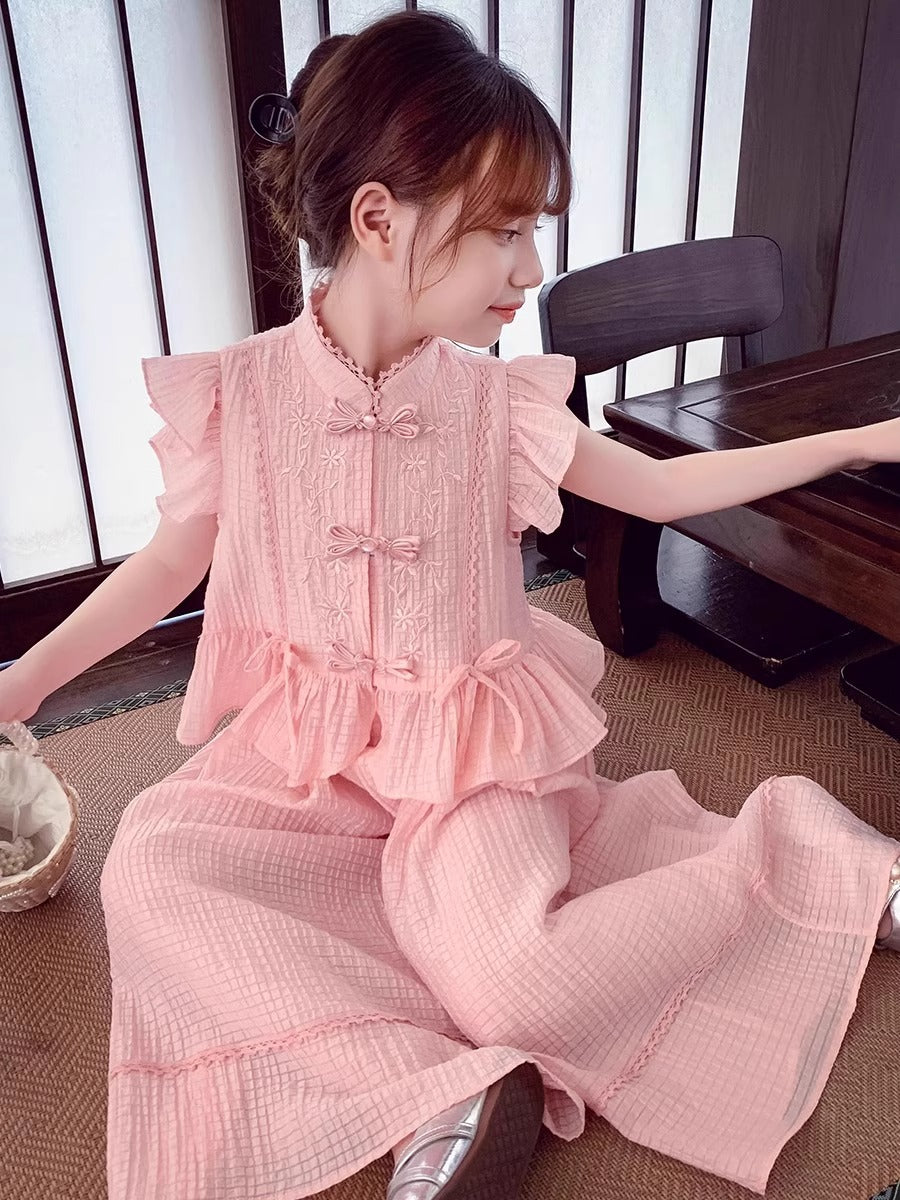 New Chinese Style Wide-Leg Pants Set for Girls For 10 Years, Imported From China