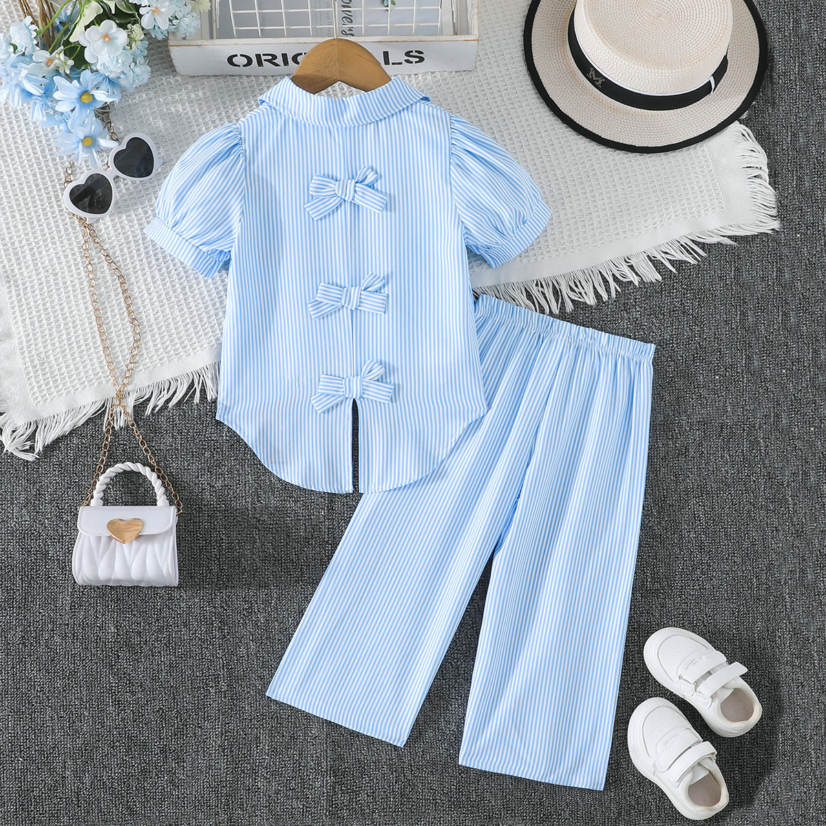 Girls' Clothing Blue and White Striped Two-Piece Shirt Set, For 6-7 Years, Imported From China